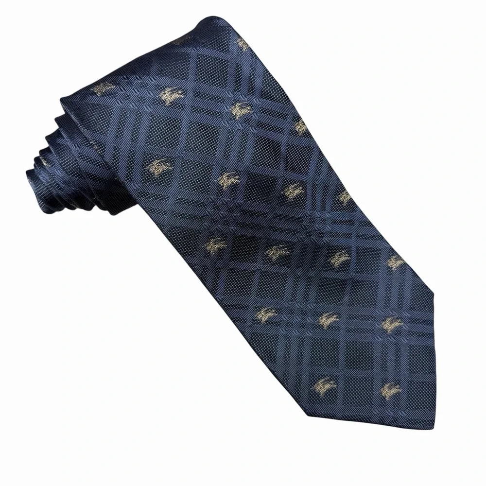 Burberry London Men's Tie Blue Nova Check Plaid Equestrian Knight Silk 3.75